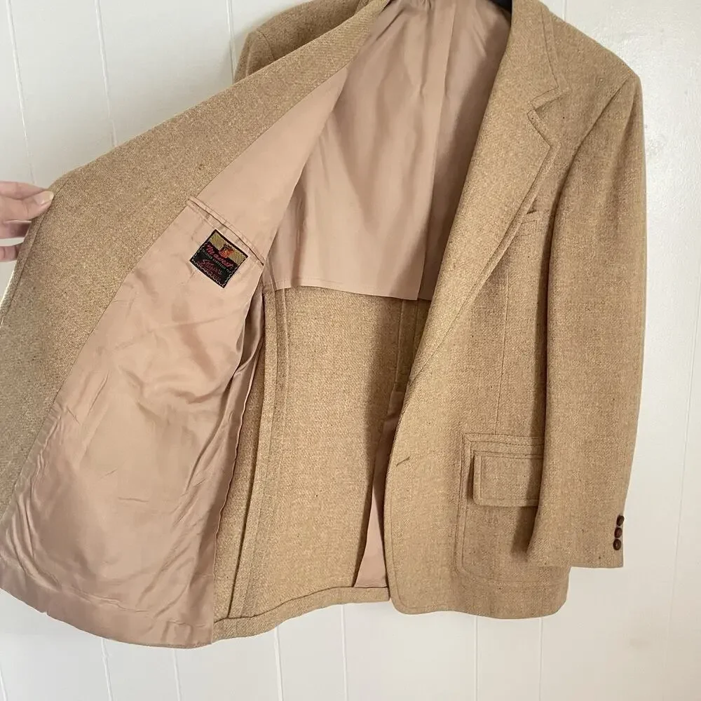 Vintage 70s Wool Tweed Camel Sport Coat 43L Long Notch Lapel 2-Button Jacket‎